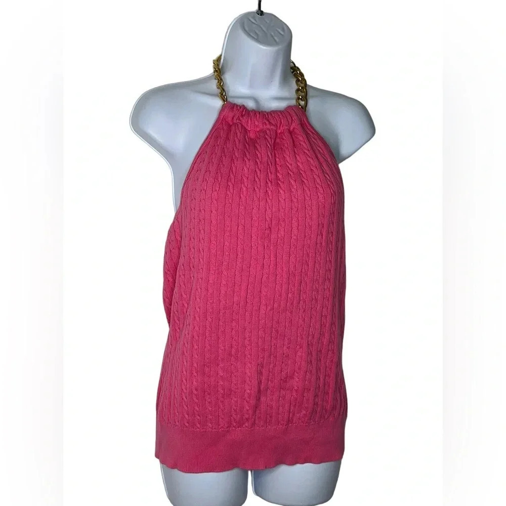 Lilly Pulitzer women’s pink cableknit sweater halter top hood chain sz large